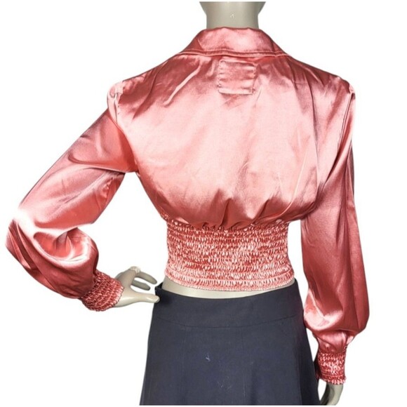 Vintage 90s Y2K XOXO Pink Velveteen Satin Cropped Smocked Blouse Jacket Med NEW - Picture 7 of 10